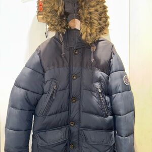 Abercrombie & Fitch Dark Blue Puffer Jacket with Faux Fur Hood
